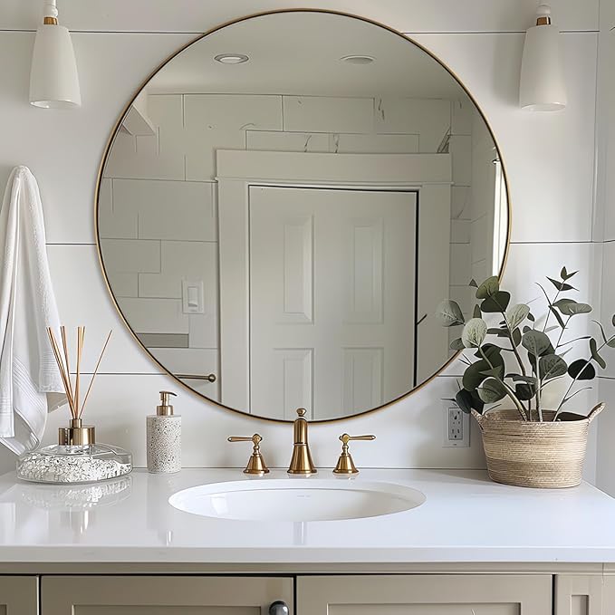 ANDY STAR Gold Round Mirror, Brushed Gold Round Bathroom Mirror, Brass Circle Mirror 32 inch, Modern Vanity Mirror in Stainless Steel Metal Frame for Home Decor, Entryway, Living Room