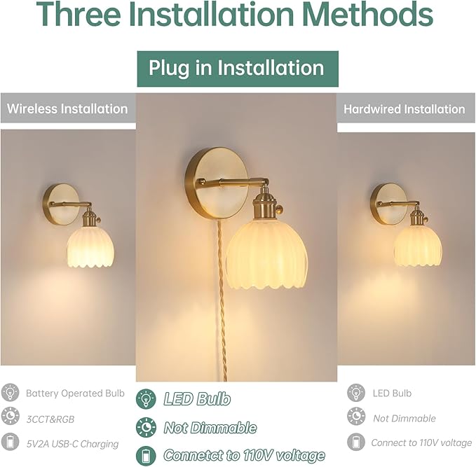 Plug in Wall Sconce, White Tulip Glass Lampshade Wall Light Plugin Corded for Bedside Bedroom Doorway