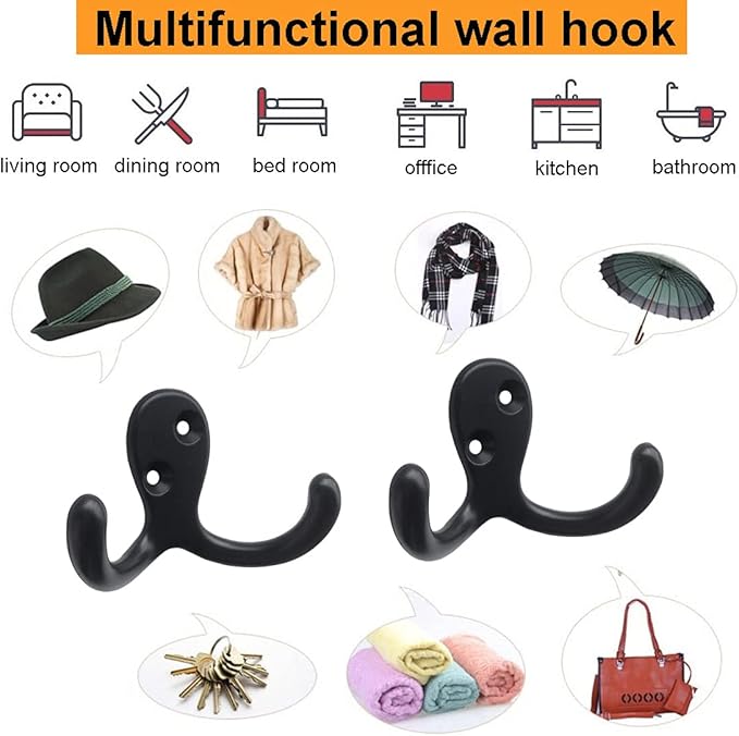 Coat Hooks Hardware, 10Pcs Wall Hooks Heavy Duty Hooks for Hanging Coats No Rust Double Robe Hook Wall Mounted for Key Towel Bags Cup Hat (Black)