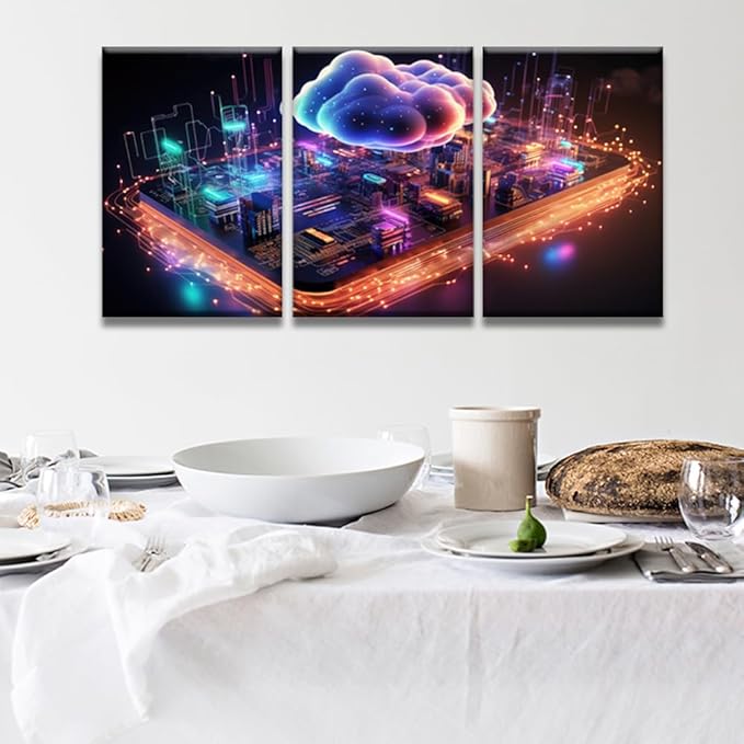 LSIUHWUWI 3 Panel Canvas Wall Art Contemporary Art Cloud Computing Concept Wall Paintings for Living Room Wall Decoration, Modern Artwork Giclee Wooden Framed Ready to Hang, 16x24inchx3
