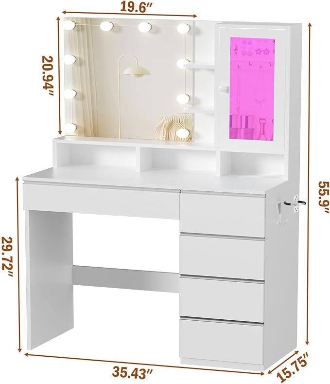 Vanity Desk with LED Lights Mirror, Makeup Table with Power Outlet for Ladies and Girls, 35.43" RGB Light Makeup Desk with 6 Storage Drawers for Bedroom, White 2