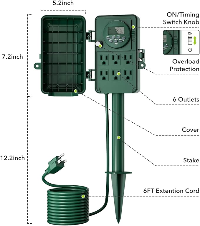BN-LINK 7 Day Heavy Duty Outdoor Digital Stake Timer, 6 Outlets, Weatherproof, 2X Outdoor Extension Cord Safety Cover Waterproof, Fits 12/14/16 AWG Green