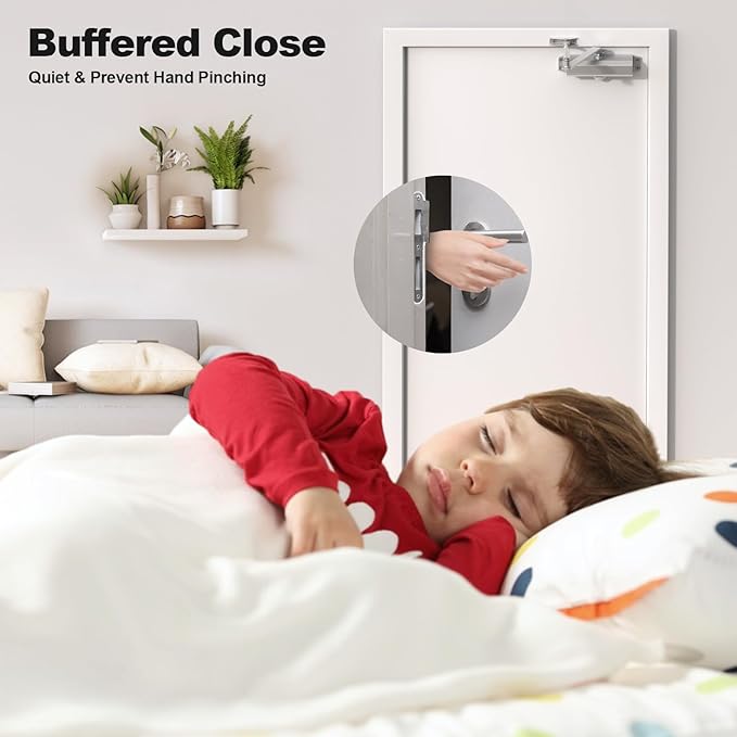Automatic Door Closer for Home with Hold Open Function, Adjustable Speed Hydraulic Door Closer for Residential and Commercial Use, Silver, Medium
