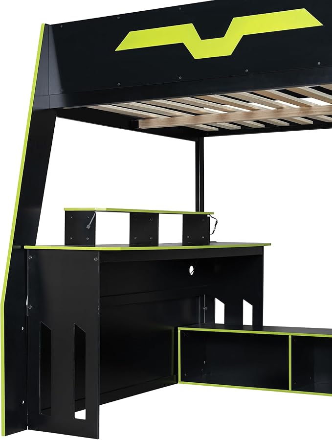 LUMISOL Full Size Wood Loft Bed with Desk and Multi-Storage Shelves, Gaming Loft Bed with RGB LED Lights and Adjustable Desk Placement, Space-Saving Game Bedframe with Under-Bed Storage, Green
