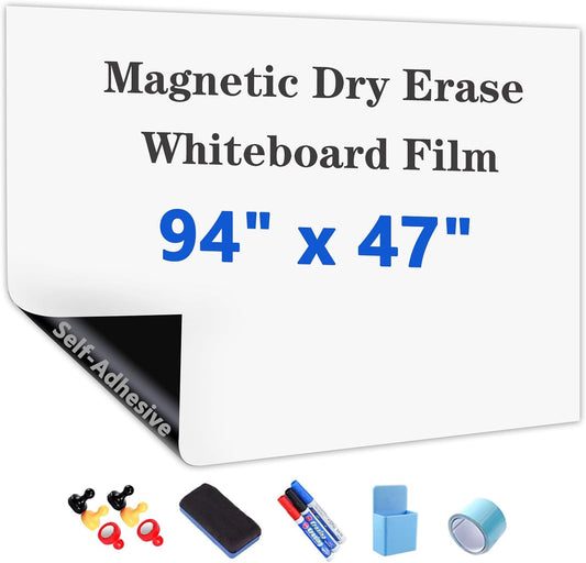 Magnetic Dry Erase Whiteboard Paper with Adhesive, 94" x 47" White Board Film for Wall, Easy to Write and Clean Dry Erase Board for Office, Classroom, Home, Include Marker, Magnetic Eraser and Magnets