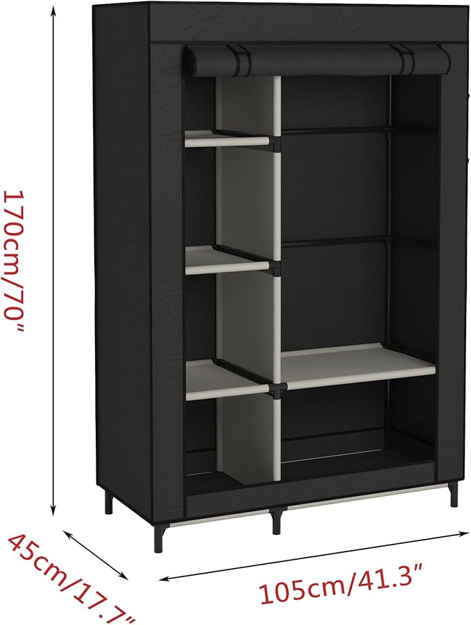 Buzowruil Canvas Wardrobe Portable Closet Wardrobe Clothes Storage with 6 Shelves and Hanging Rail,Non-Woven Fabric, Quick and Easy Assembly,Black
