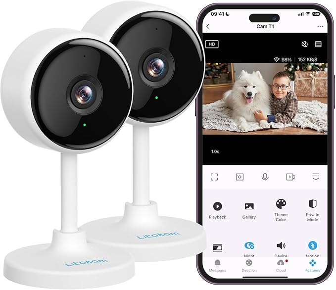 litokam Indoor Camera, Cameras for Home Security with Night Vision, Pet Camera with Phone App, 2K Indoor Security Camera, Motion Detection, 2-Way Audio, WiFi Camera Home Camera Compatible with Alexa