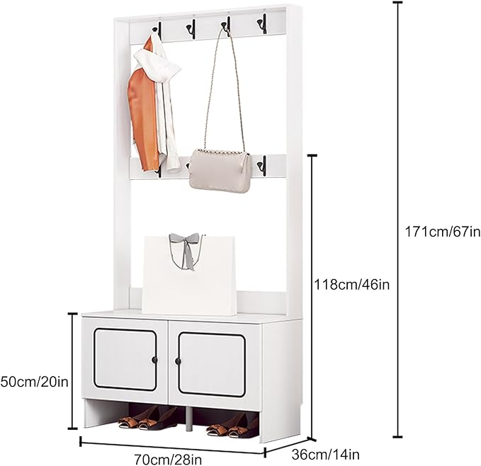 Modern Coat Rack Shoe Bench, 3 in 1 Multifunctional Entryway Organizer with Bench, Shoe Storage and Coat Rack, Entryway Organizer for Small Spaces(White,70cm/28in)