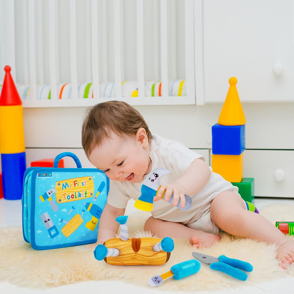 teytoy My 1st Toolbox Playset, Baby Tool Set for 1 Year Old, Pretend Play Construction Toy with Zippered Tool Box, Montessori Stem Plush Tool Kit Toys Birthday Gift for Toddlers Girls Boys