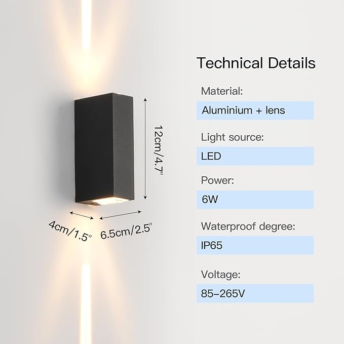 Outdoor Wall Light 2Pack, LED Up and Down Lights, IP65 Aluminum Waterproof Outdoor Wall Lamps, Modern Porch Lantern Spotlights, 3000k 6W Black Exterior Wall Sconces