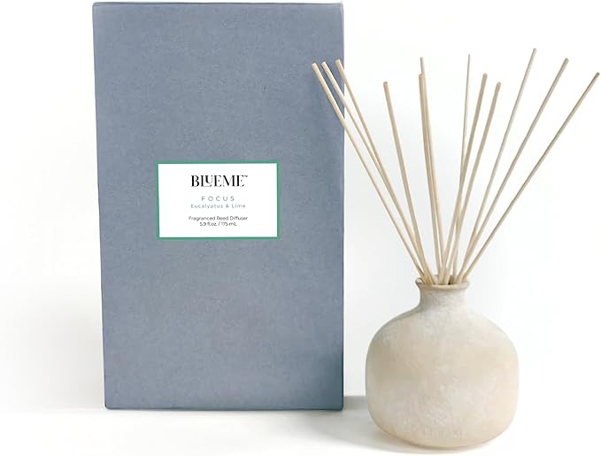 Blueme Focus Diffuser | Eucalyptus & Lime | 5.92 Fl Oz - Refillable Wellness Diffuser, Contains Essential Oil, Sustainable, Hand Finished, Premium, Luxury Ceramic, Natural Rattan Reeds, | Small