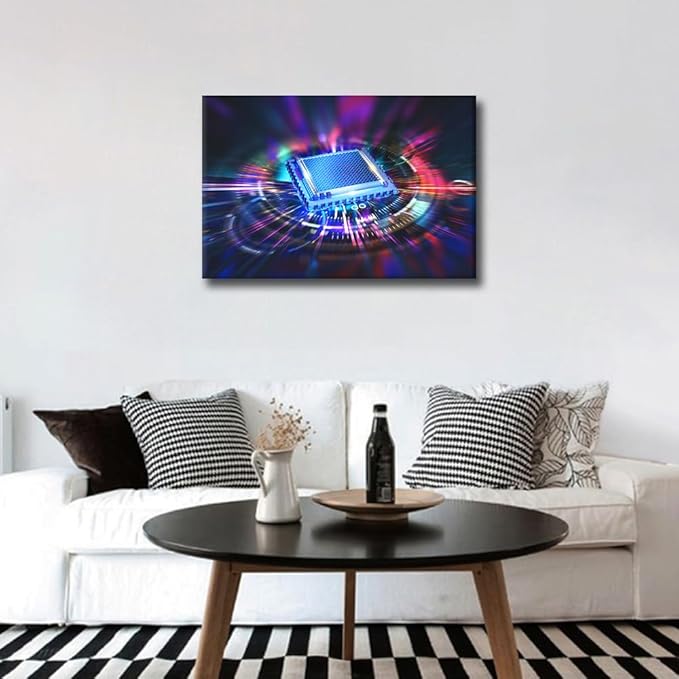 AI Canvas Wall Art for Bedroom Living Room Computer Chip Modern Home Decor CPU Concept Painting Pictures Futuristic CPU Office Wall Decor Contemporary House Artwork Frame Ready to Hang, 24x16in