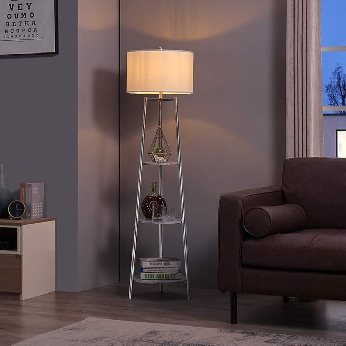 ROSEN GARDEN Floor Lamp, Standing Reading Light with Faux Marble Shelves and Fabric Shade, Modern Tall Pole Lamp, Accent Furniture Décor Lighting for Living Room, Bedrooms
