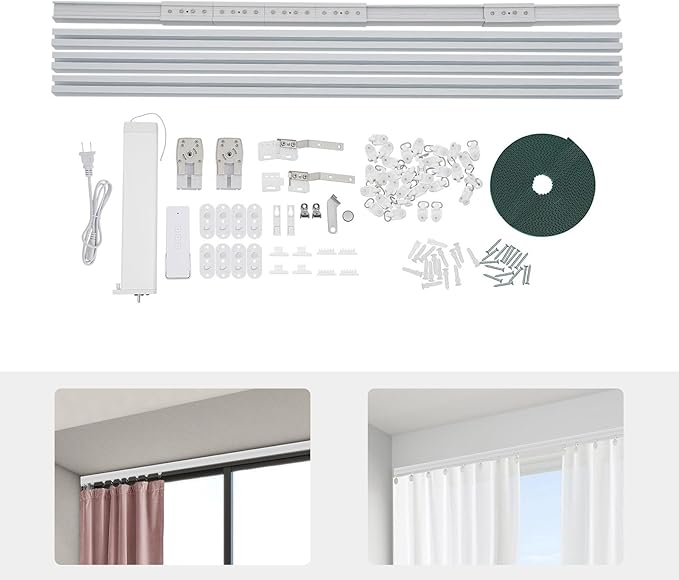 Smart Curtains System, Motorized Curtain Track 85-165.4 inch Adjustable Length, Motorized Rod with Remote Control, Ceiling and Wall Mount, Automated Curtain Track System (85-165.4in)