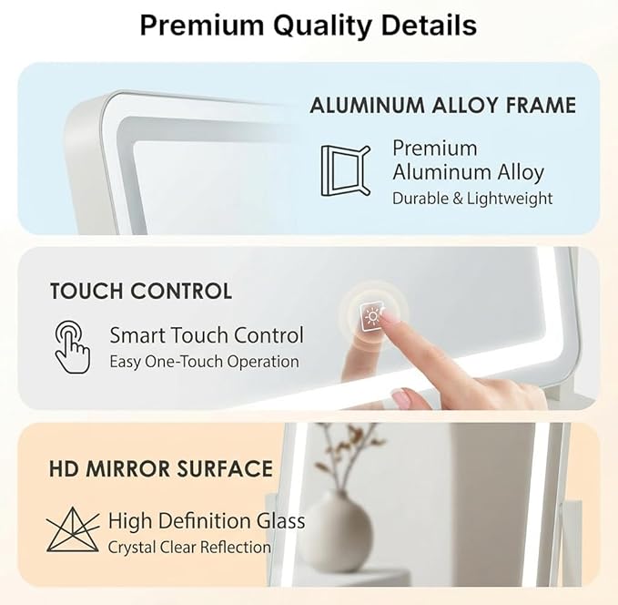 Vanity Mirror with Lights, 17''x22'' Lighted Makeup Mirror, LED Makeup Mirror, Smart Touch with 3-Color Lighting Modes, Dimmable, for Bedroom Tabletop - White