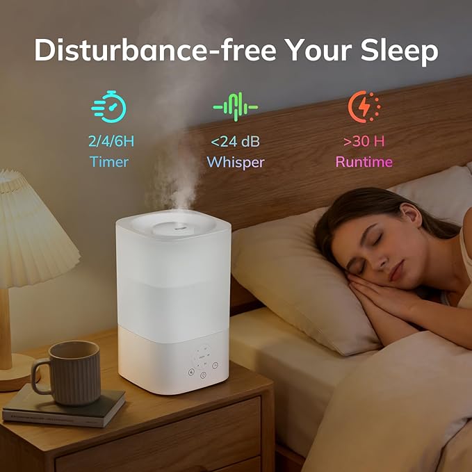 ZAFRO 3.2L Comfort Humidifier for Bedroom, 7 Color LED Night Light, Top Fill Design & Multiple Mist Levels, 24 dB Quiet Ultrasonic Comfort Humidifiers, White, Touch Control
