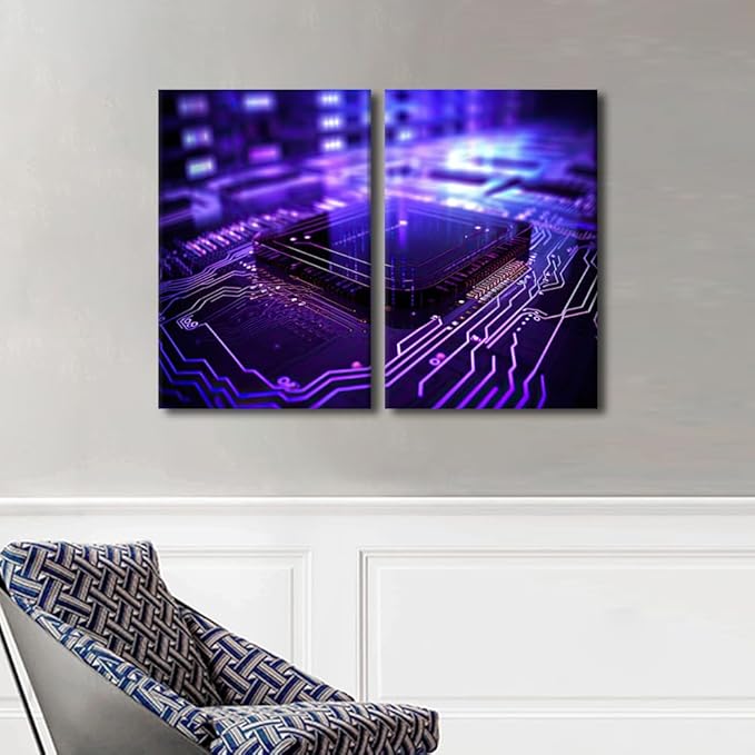 TUMOVO 3 Pieces Semiconductor Chip Canvas Print Canvas Art Prints Circuit Board Wall Art Canvas Gallery Wrapped Canvas on Stretched Minimalism Frame Ready to Hang, 24" Wx16 H