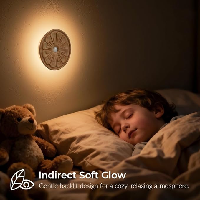 Flower Motion Sensor Night Light, Carved Wooden Flower Wall Lamp, Backlight LED Light, Rechargeable & Stick-On Magnetic Mount for Indoor Decor, Living Room, Bedroom, Stairs (Round Ash Wood *1Pack)