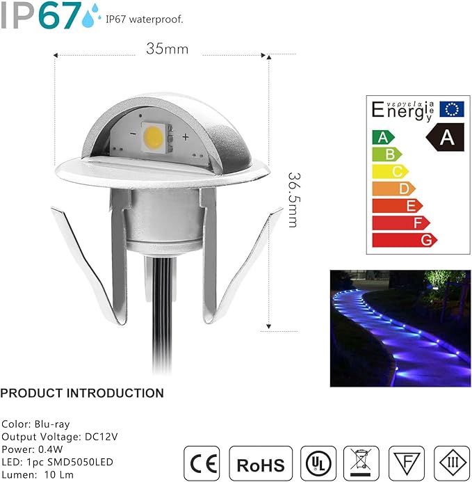 6 Pack LED Stair Lights Kit Low Voltage Waterproof IP65 Outdoor 1-2/5" Recessed Wood LED Deck Lighting Yard Garden Patio Step Landscape Pathway Decor Lamps, Blue