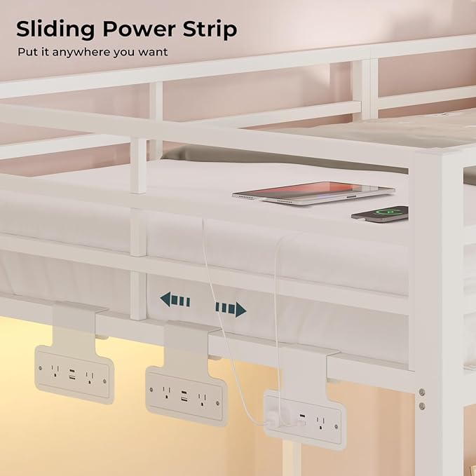 ADORNEVE Triple Bunk Bed Twin Over Twin with Storage Staircase, RGB Lights & Power Outlets, Heavy Duty Metal 3 Bunk Beds with Drawers & Headboard Shelf, Safety Guardrails, for Kids, White