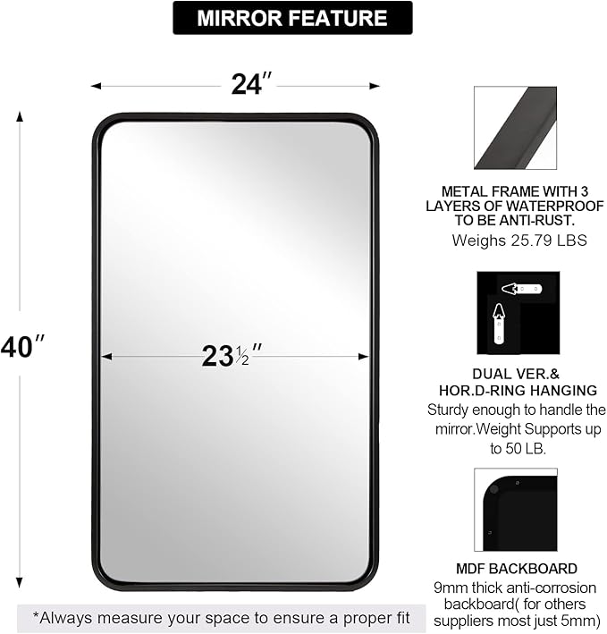 ANDY STAR Wall Mirror for Bathroom, 24x40 Inch Bathroom Vanity Mirror, Black Rounded Rectangle Mirror, Tube Iron Metal Wall-Mounted, Horizontal/Vertical