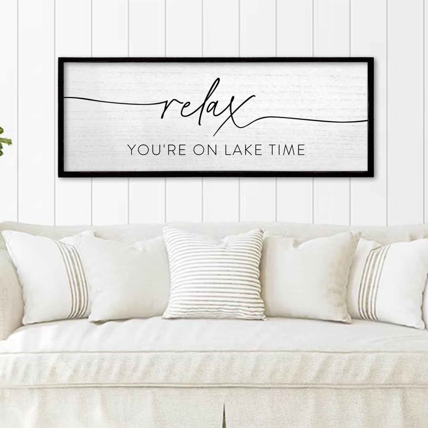 TQianJiang Relax You're On Lake Time Wall Decor 32"×12"" Lakeside Quote Sign Lake House Decor for Living Room Bedroom Large Rustic Wooden Framed Wall Hanging Art (Black)"