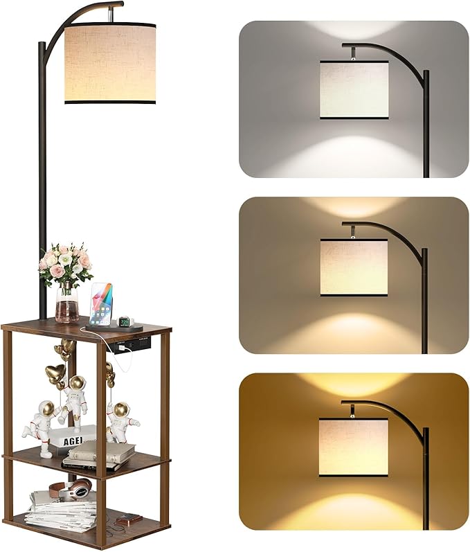 SUNMORY Floor Lamp with Table, End Table for Living Room with Lamp, Shelves Side Table with Charging Station(USB & AC Port), 3 Color Temperature LED Bulb, Modern Nightstand Lamp for Bedroom, Office