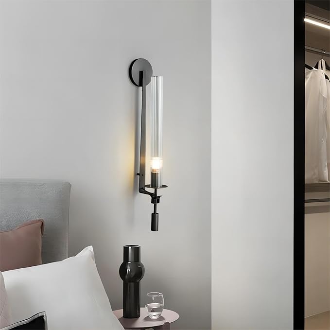 LIGHTLAND Black Wall Sconce, 28 Inch Modern Metal Glass Wall Light Fixture, Wall Lamp for Living Room Bedroom Hallway (Pack of 1)