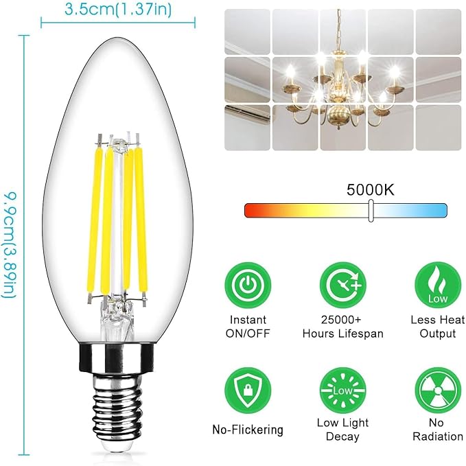 6-Pack Dimmable E12 LED Candelabra Bulbs 40Watt Equivalent, 5000K Daylight White, 450Lumens, 4W B11 Vintage Chandelier Light Bulbs, LED Filament Clear Glass Candle Lamp for Ceiling Fan Home Decor