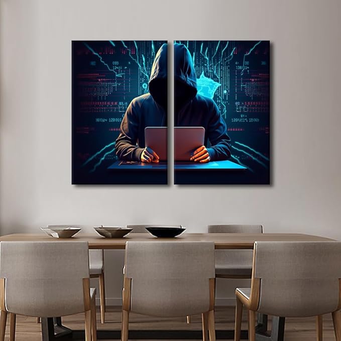 3 Pieces Home Decor Hacker Malware Wall Art Paintings Big Data Pictures Artwork Home Decor for Living Room Giclee Framed Gallery-Wrapped Ready to Hang Posters and Prints, 24" Wx16 H