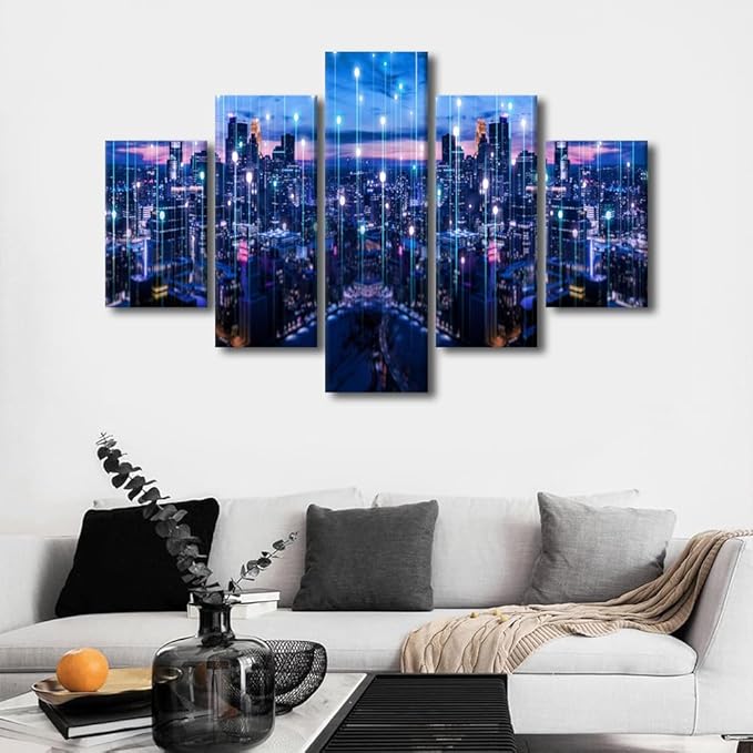 5 Panel Modern City Poster Native Americans Home Decoration Artwork Urban Skyline Picture Printing Bangkok Particle Glowing Light Poster for Office Bedroom Decor Stretched Ready to Hang 60x40 Inch