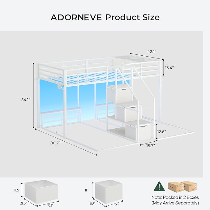 ADORNEVE Triple Bunk Bed Twin Over Twin with Storage Staircase, RGB Lights & Power Outlets, Heavy Duty Metal 3 Bunk Beds with Drawers & Headboard Shelf, Safety Guardrails, for Kids, White