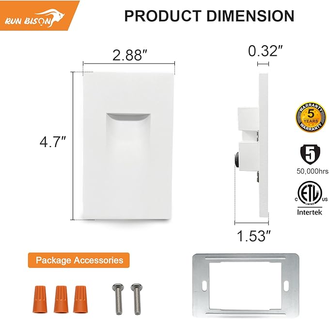 Vertical LED Recessed Step Light Fixture, 5CCT Selectable, IP65 Waterproof, 3W 70LM, 120V Stair Light Indoor Outdoor, 10%-100% Dimmable, White, ETL Listed - 8PK