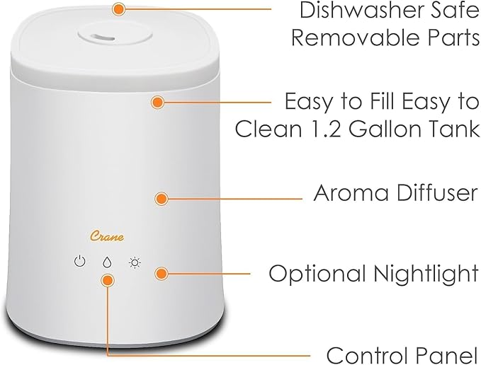 Crane Top Fill Ultrasonic Cool Mist Humidifier for Bedroom and Large Rooms, 1.2 Gallon Essential Oil Diffuser with Nightlight and Auto Shut-Off