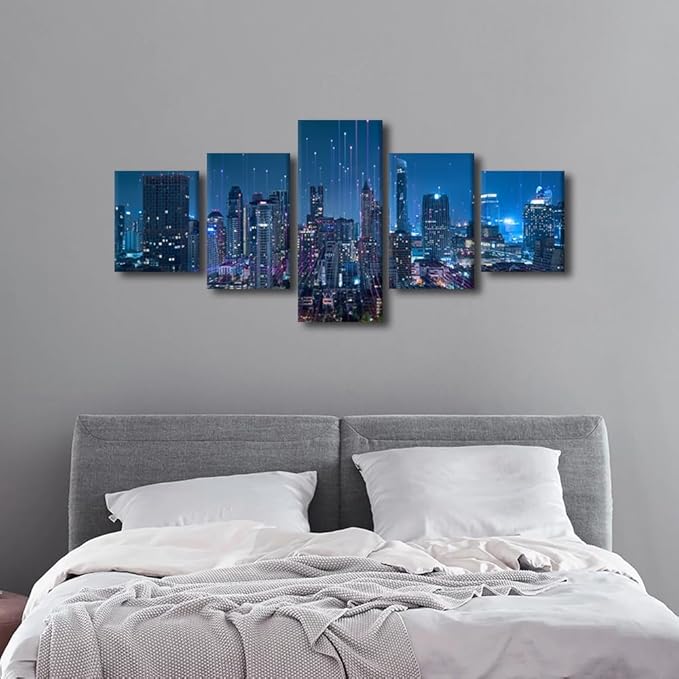 Canvas Wall Art Modern City Poster Printing Men Home Canvas Decoration Connection Concept Picture 5 Panel Abstract Point Poster Internet Workers Home Decoration Stretched Ready to Hang 50x24 Inch