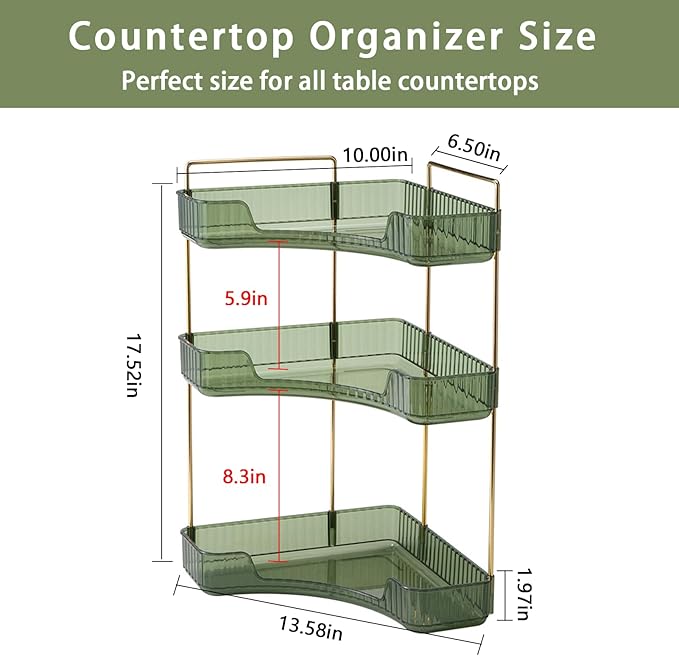 shuang qing 3-Tier Corner Bathroom Counter Organizer – Classic Storage Shelf for Makeup, Perfume & Toiletries, Space-Saving Countertop Tray Fits Bathroom, Dresser, Kitchen (Sage Green)