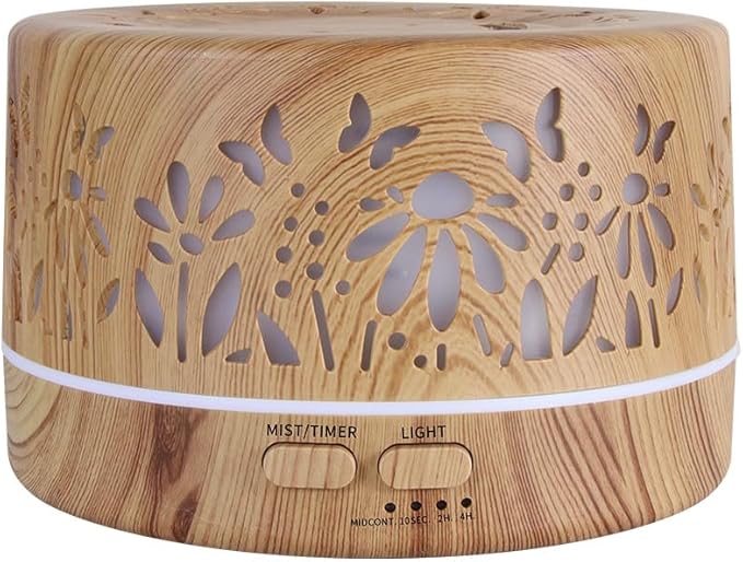 Wild Essentials 700ml Designer Large Room Essential Oil Diffuser, 5 in 1 Ultrasonic Aromatherapy Vaporizer Cool Mist Humidifier, Home, Office Bedroom, Timer, Auto-Off, 7 Color LED (Light Wood Flowers)