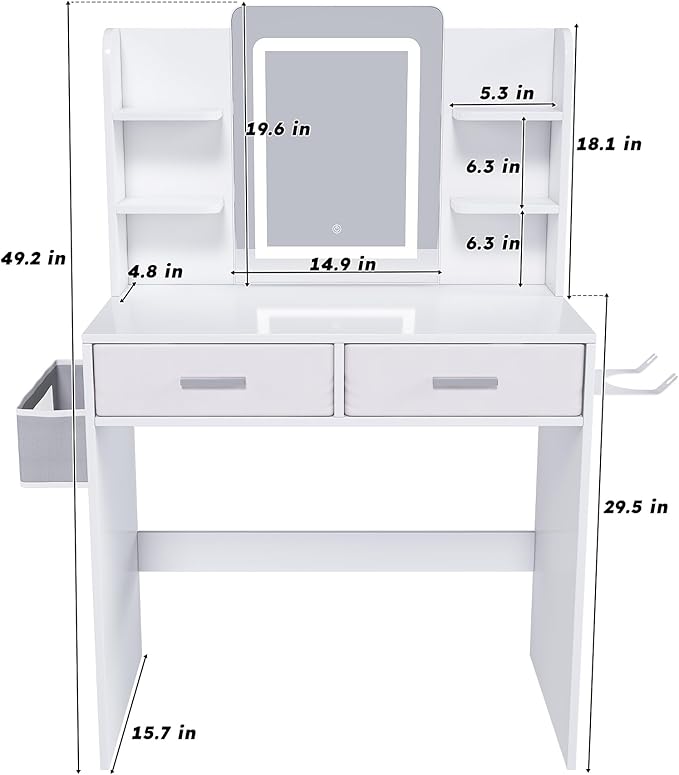 Small Makeup Vanity Desk with Mirror and Lights, Vanity Table Set with 2 Storage Drawer & Open Shelves, 3 Lighting Colors, Adjustable Brightness Makeup Vanity, White