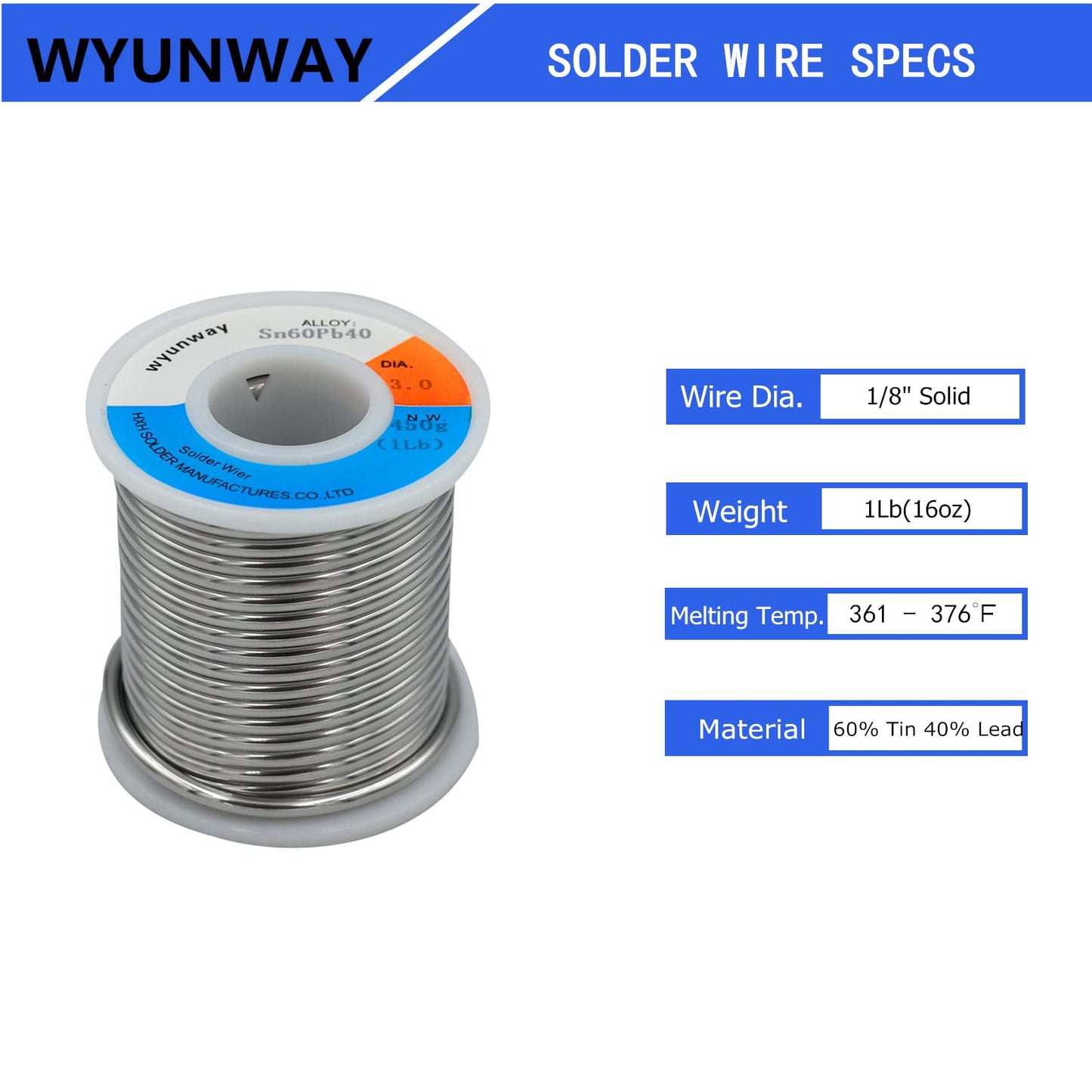 wyunway 60/40 solder for stained glass solder wire (450g(1LB)，1/8"(3mm) Dia"