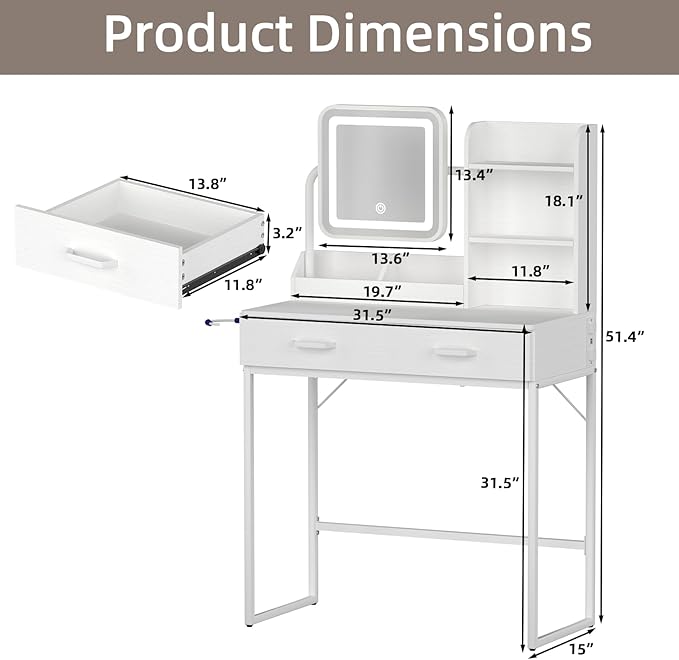 Compact Makeup Vanity for Girls with Mirror and Lights, Vanities Desk with 2 Drawers and Charging Station, Modern LED Lighted Bedroom Dressing Table, White