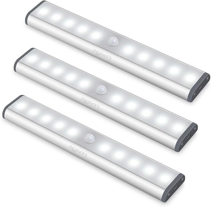 LEPOTEC LED Kitchen Lights Under Cabinet,Wireless Motion Sensor Led Light Rechargeable Cabinet Lights Battery Operated, Under Counter Lighting Magnetic Stick-On Closet Lighting/White Light(3Pack)