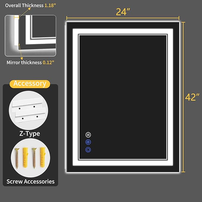 24"x42" LED Bathroom Mirror with Lights, Anti-Fog, Backlit + Front Lit, Dimmable, Led Vanity Mirror for Wall, Lighted Bathroom Mirror, 3 Colors, Shatter-Proof Tempered Glass