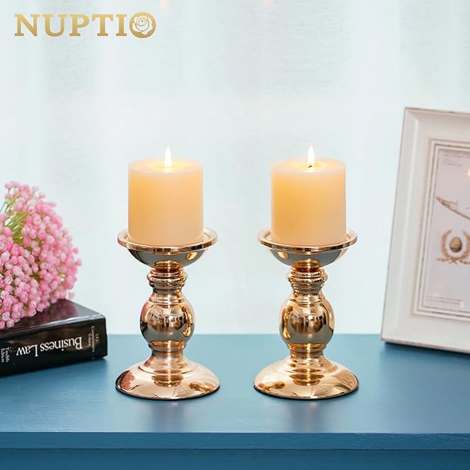 2 Pcs Gold Pillar Candle Holders, Gold Candlestick Most Ideal for 3" Pillar Candles, Gifts for Wedding, Party, Home, Spa, Reiki, Votive Candle (2 x S)