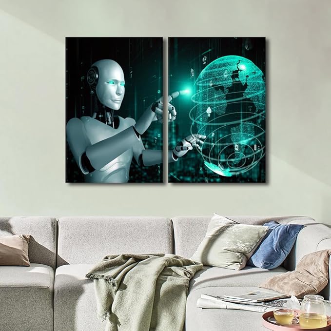 TUMOVO 3 Pieces Canvas Print Minimalism Canvas Art Robot Wall Art Canvas Paintings AI Intelligence Artwork Gallery Wrapped Canvas on Pine Giclee Frame Art Ready to Hang, 24" Wx16 H