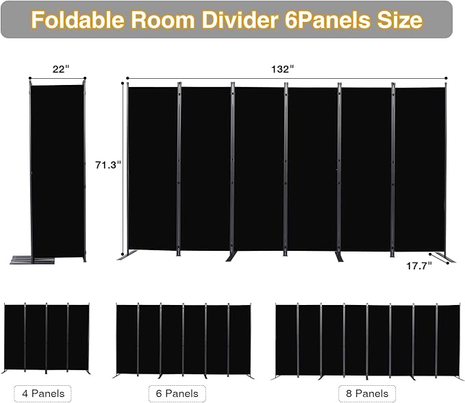 Room Divider, 6 Panel Folding Privacy Screens with Wider Support Feet, 6 Ft Portable Room Partition for Room Separator, 132" W X 71" H, Black