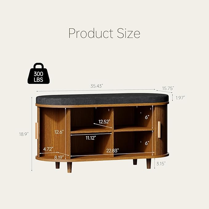 Entryway Bench with Storage: 35.4" Wooden Bedroom Shoe Bench with Thickened Padded Seat Cushion, Mid Century Modern Fluted Sliding Door and Adjustable Shelf, for Entryway, Living Room