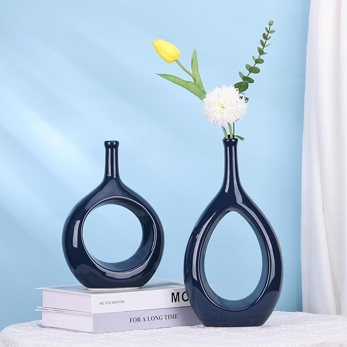 Navy Blue Vase Ceramic Blue Vases Home Decor,Modern Minimalist Circle with Hole Decorative Vase, Hollow Ellipse Flower vases for Bookshelf, Fireplace Mantle, Centerpieces,Farmhouse,Rustic Décor
