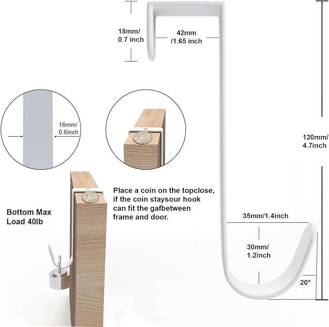 5 Pack Over The Door Hooks(L=4.7"), Over Door Hanger, Heavy Duty No Drill Hanger for Towels, Coats, Hats, Bags in Bathroom, Bedroom, Kitchen, Living Room-White