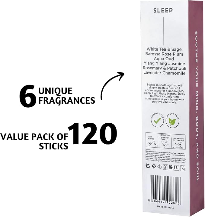 Folkulture Incense Sticks, Set of 6 (120 Sticks) - Rosemary, Jasmine, Lavender, Sage, Sleep Incense Sticks, Insence Sticks Variety Pack - Insense Sticks, Natural and Non Toxic (Sleep)