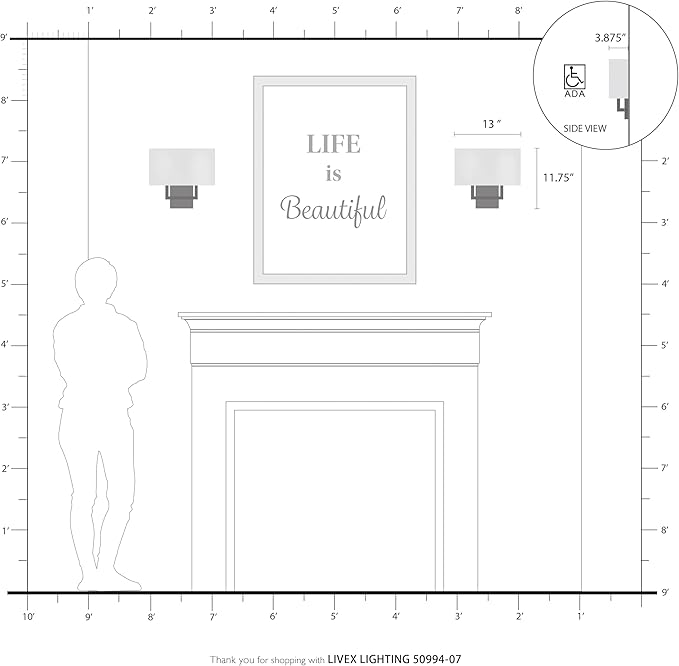 Livex Lighting 50994-07 Pierson Collection 2 Light Ada Wall Sconce, Oatmeal Fabric Outside, White Fabric Inside Hardback Shade, Bronze Finish